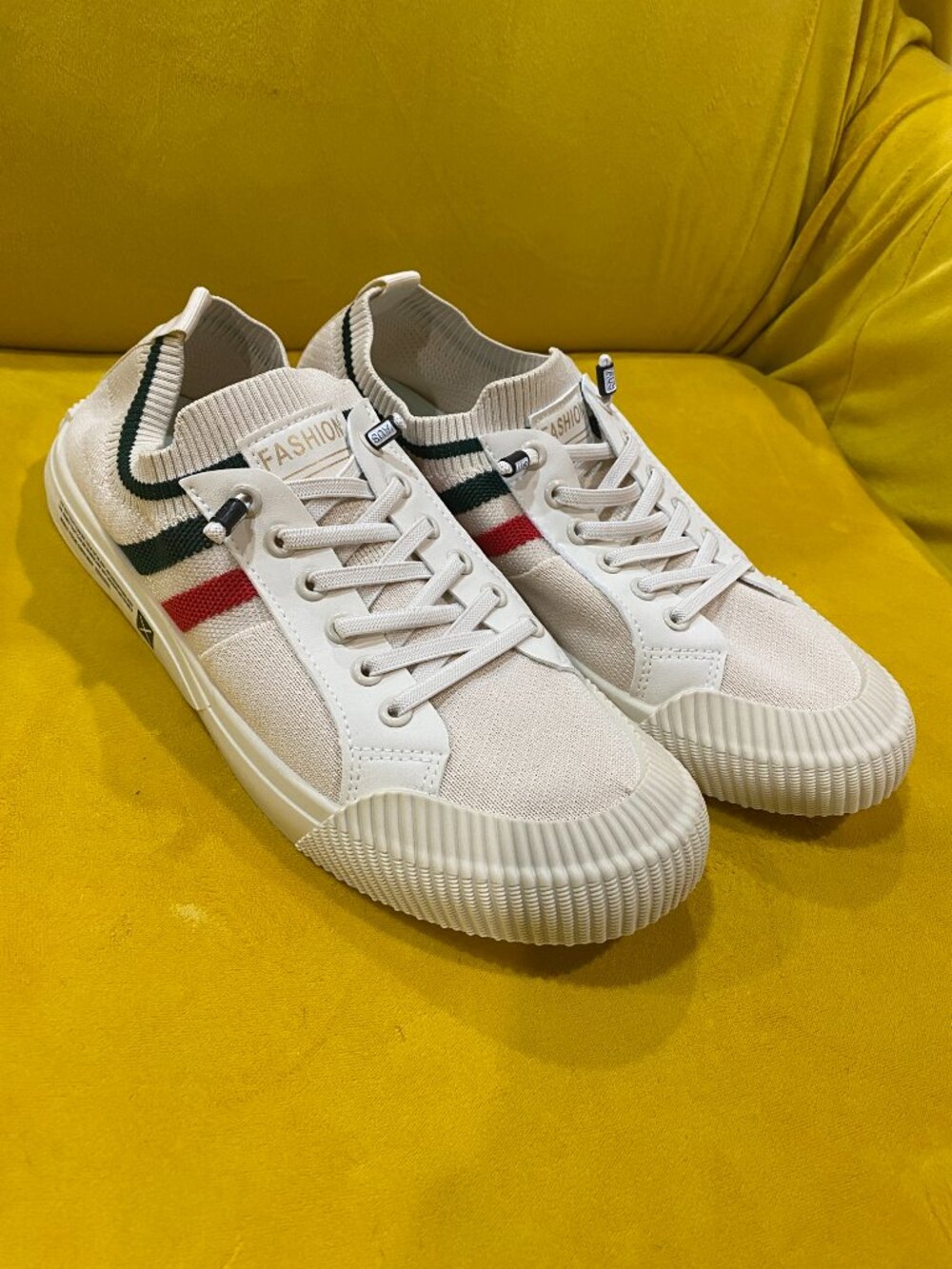 Vintage Inspired White Knit Fashion Sneakers | Green Red Stripe Casual Shoes